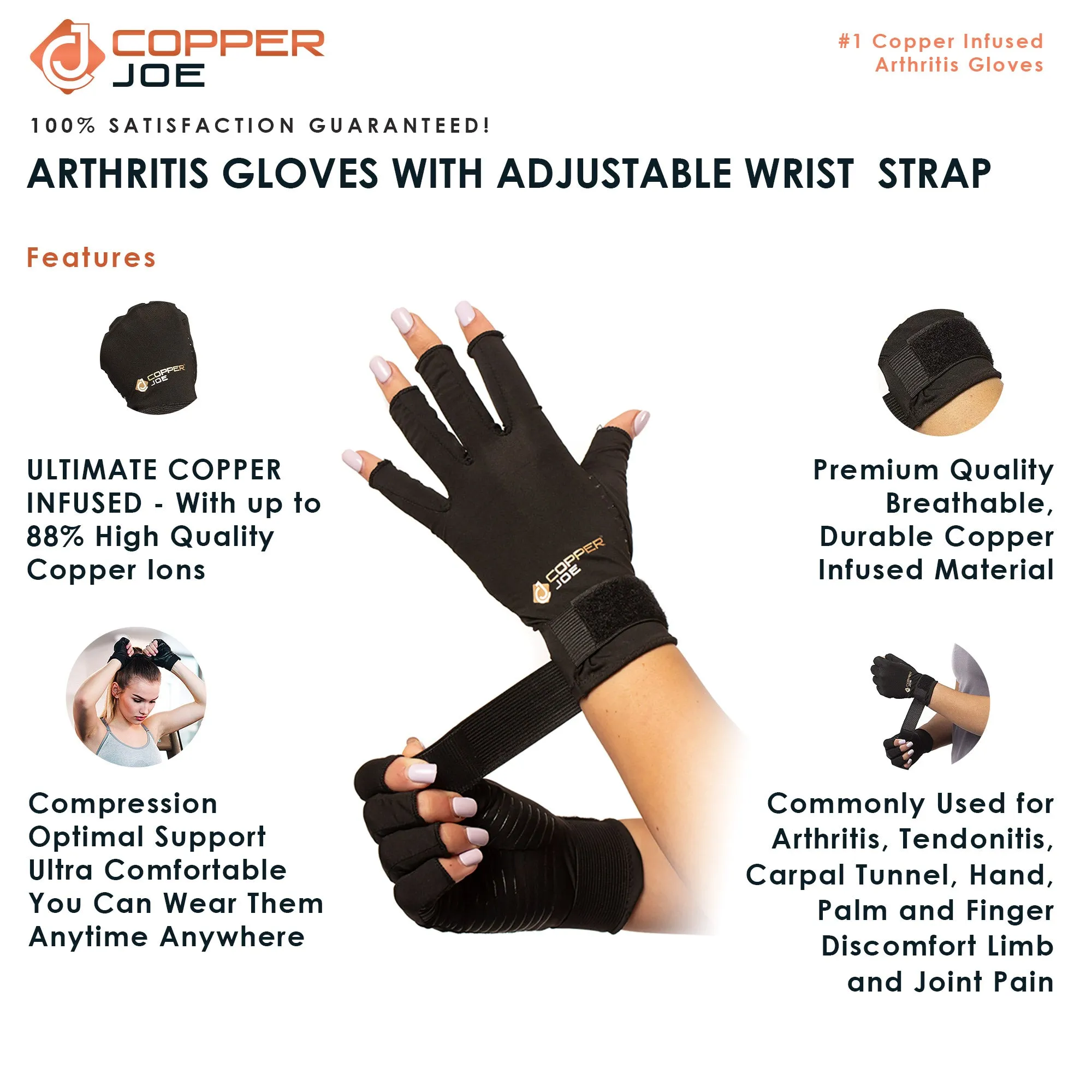 Copper Joe Fingerless Arthritis Gloves with Adjustable Strap - Ultimate Copper Infused Arthritis Hand Compression Gloves For Computer Typing, Carpal Tunnel, Rheumatoid and Tendonitis. For Men and Women