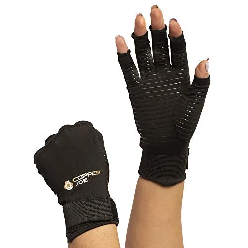 Copper Joe Fingerless Arthritis Gloves with Adjustable Strap - Ultimate Copper Infused Arthritis Hand Compression Gloves For Computer Typing, Carpal Tunnel, Rheumatoid and Tendonitis. For Men and Women