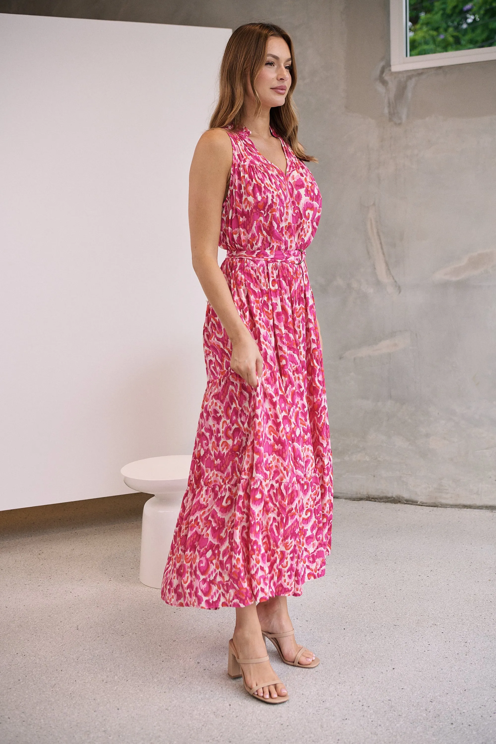 Cosima Long Pink/Orange Print Collared Maxi Dress