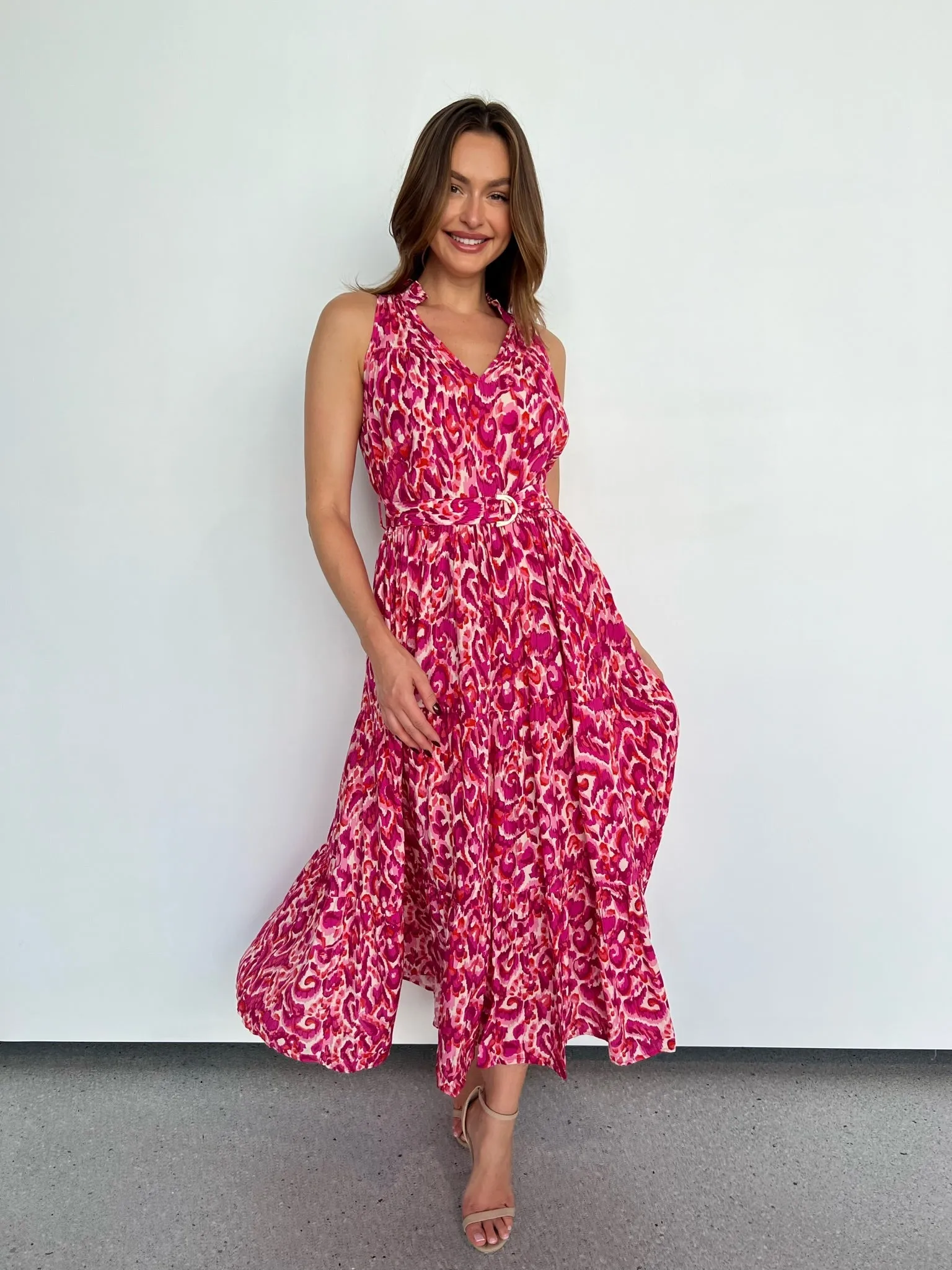 Cosima Long Pink/Orange Print Collared Maxi Dress