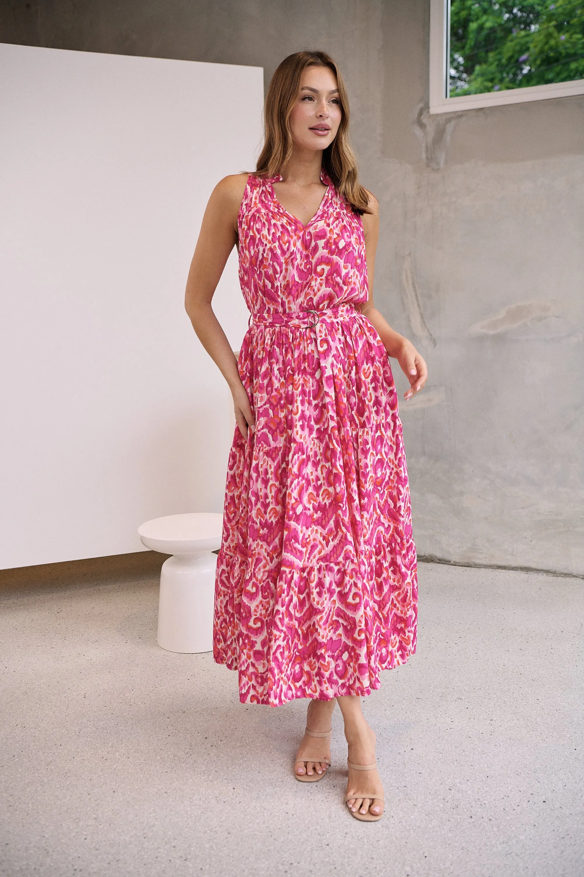 Cosima Long Pink/Orange Print Collared Maxi Dress