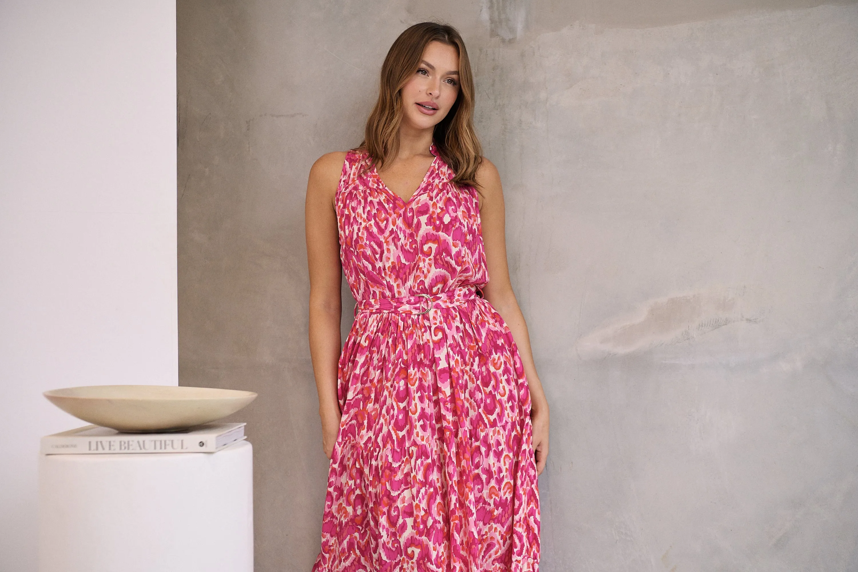 Cosima Long Pink/Orange Print Collared Maxi Dress