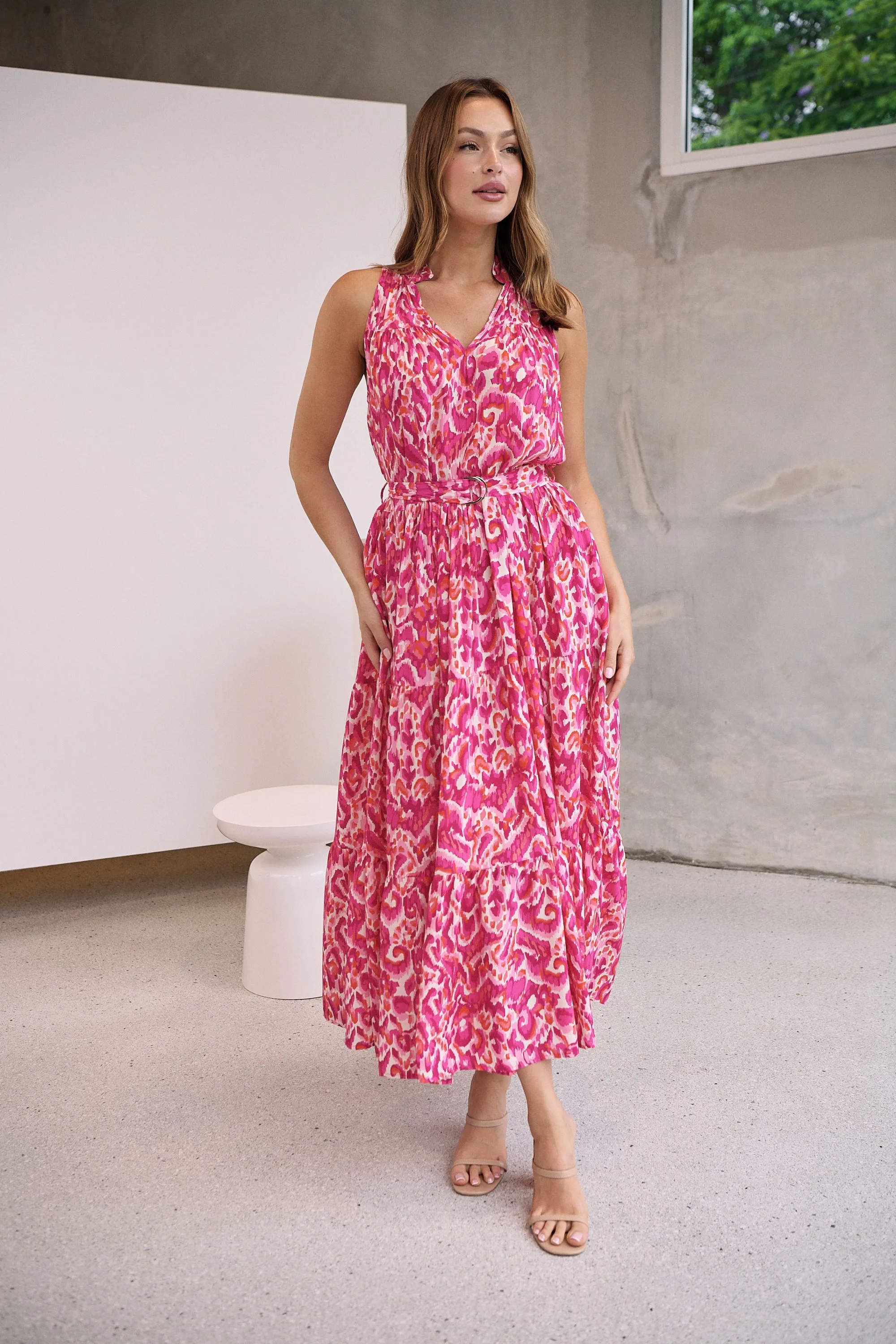 Cosima Long Pink/Orange Print Collared Maxi Dress