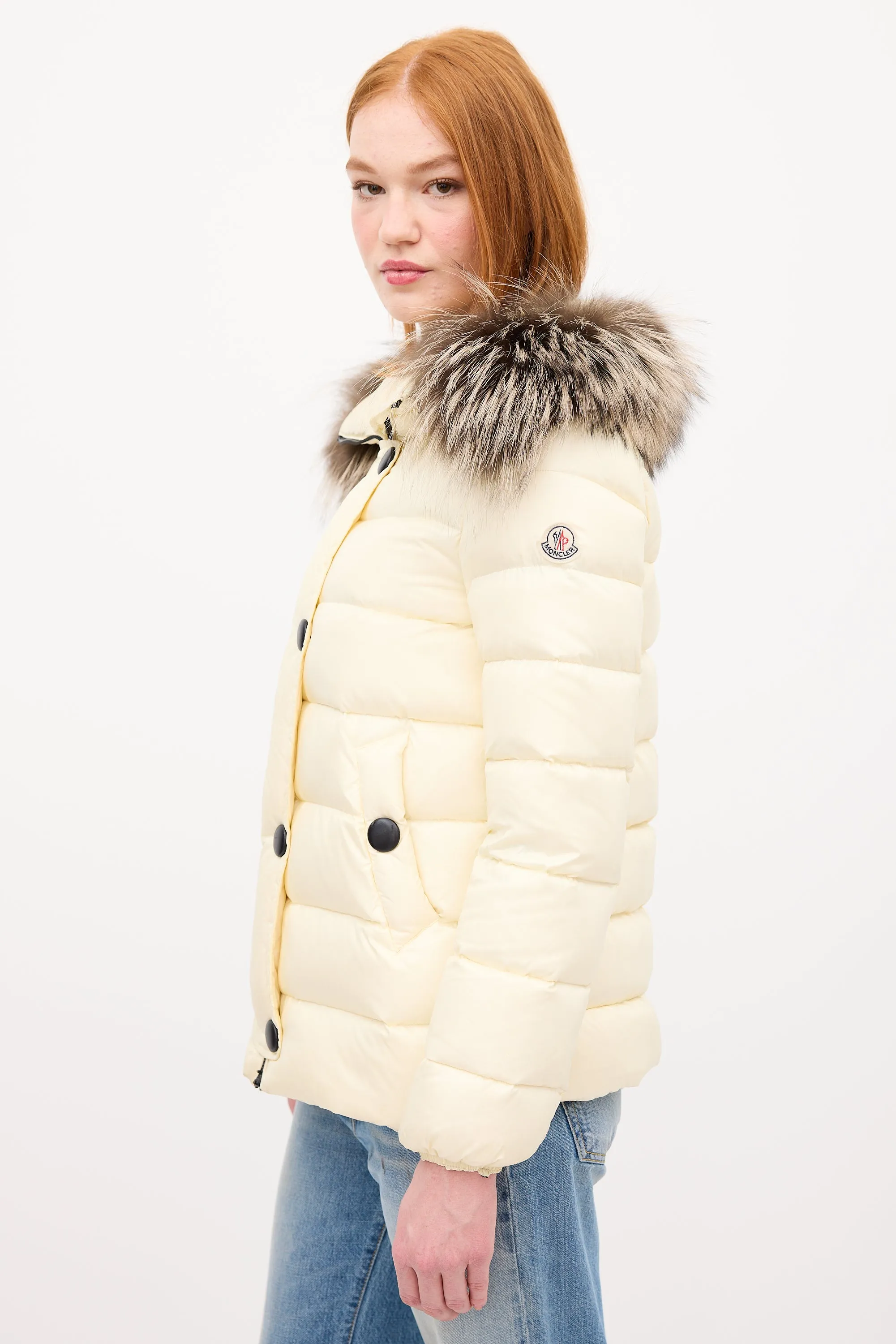 Cream Down & Fur Trim Gelinotte Puffer Jacket