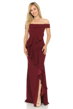 Dark Red Off Shoulder Ruffled Bodycon Dress With Thigh Slit