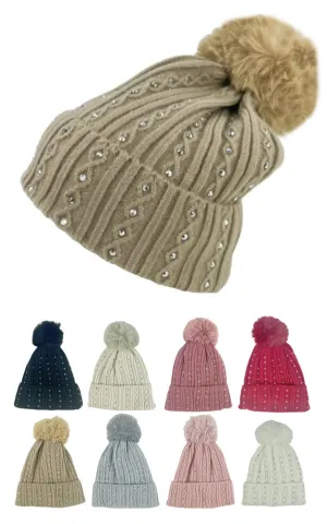 DBH3753 12pcs Beanie Hat Rhinestones Pompoms Knit Hat