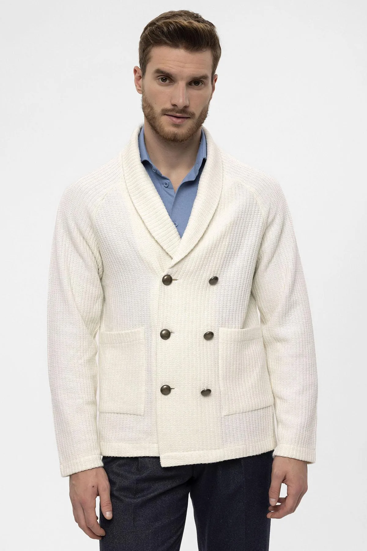 Ecru Shawl Collar Double-Breasted Men's Cardigan - Wessi