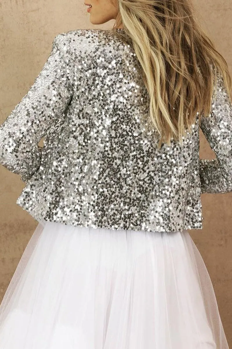 Elegant Solid Sequins V Neck Outerwear