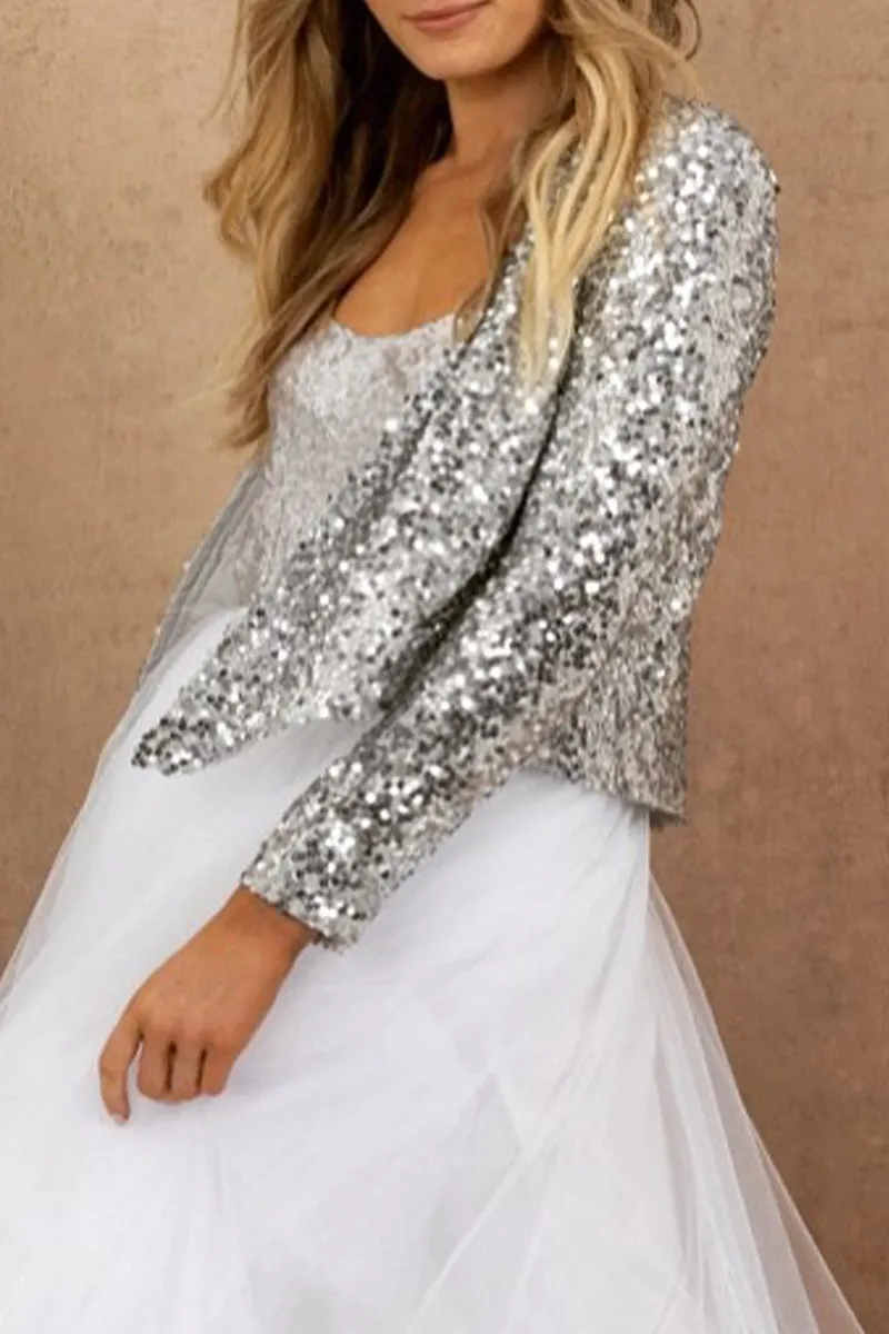 Elegant Solid Sequins V Neck Outerwear