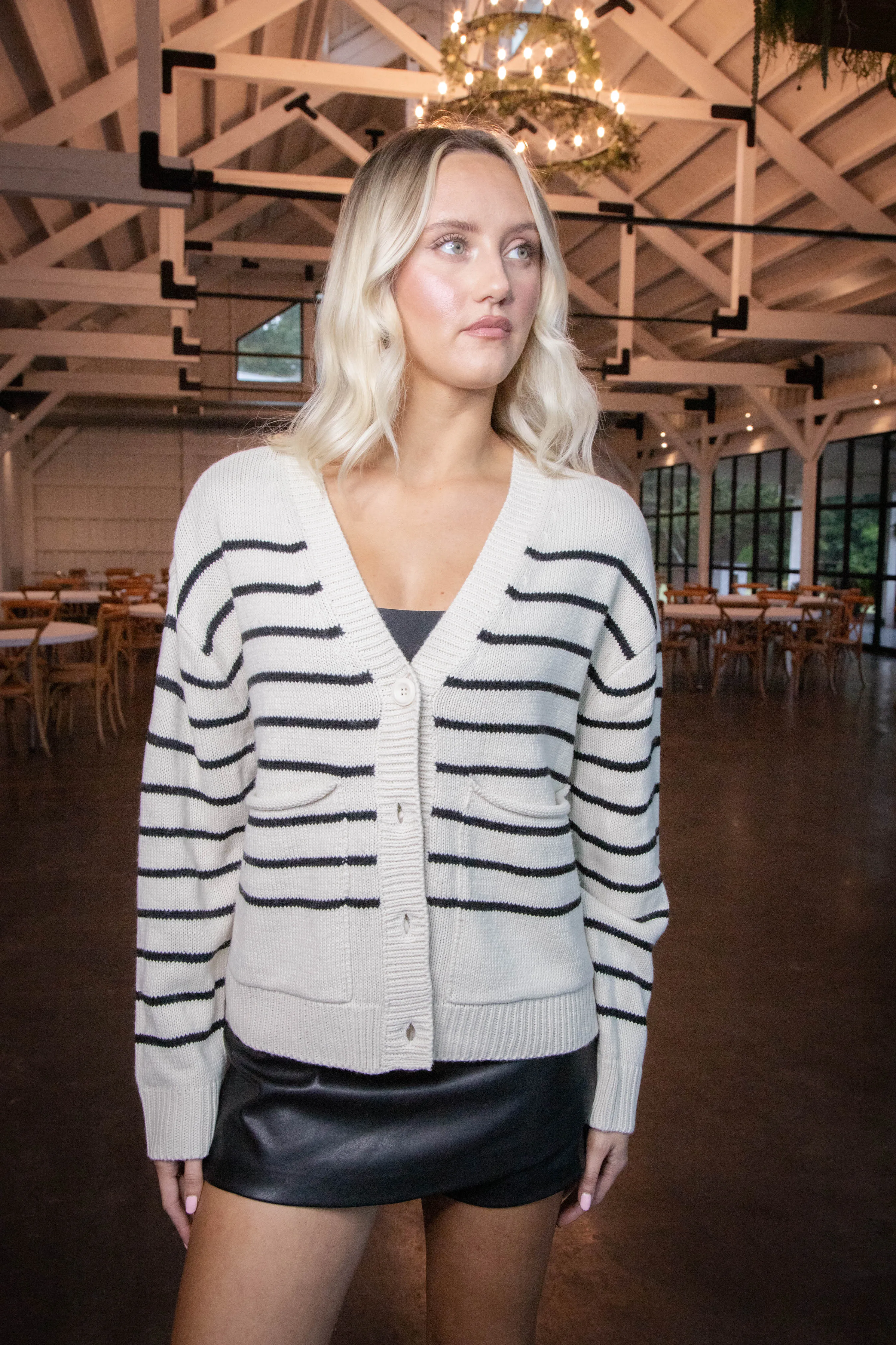 Fatima Striped Cardigan, White/Black | RD Style