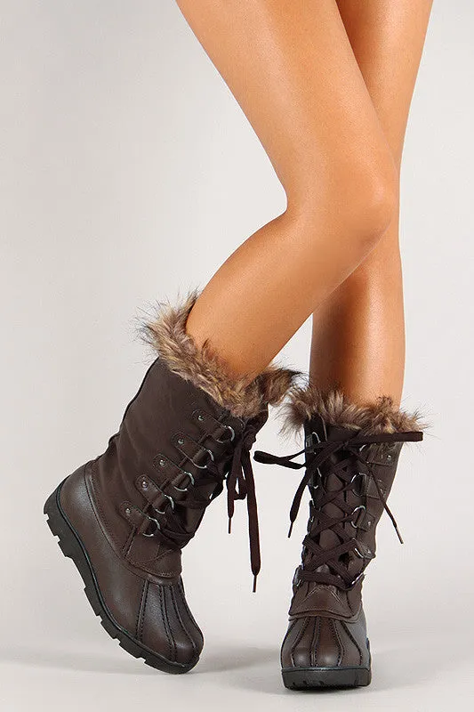 Faux Fur Round Toe Lace Up Mid Calf Boots