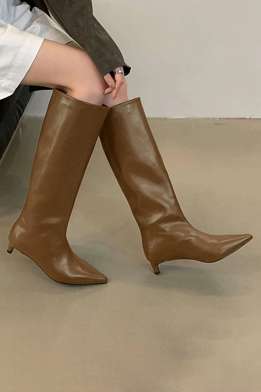 Faux Leather Pointed Toe Thin Heel Knee-High Mid Calf Boots