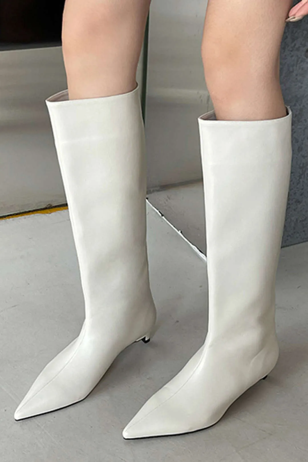 Faux Leather Pointed Toe Thin Heel Knee-High Mid Calf Boots