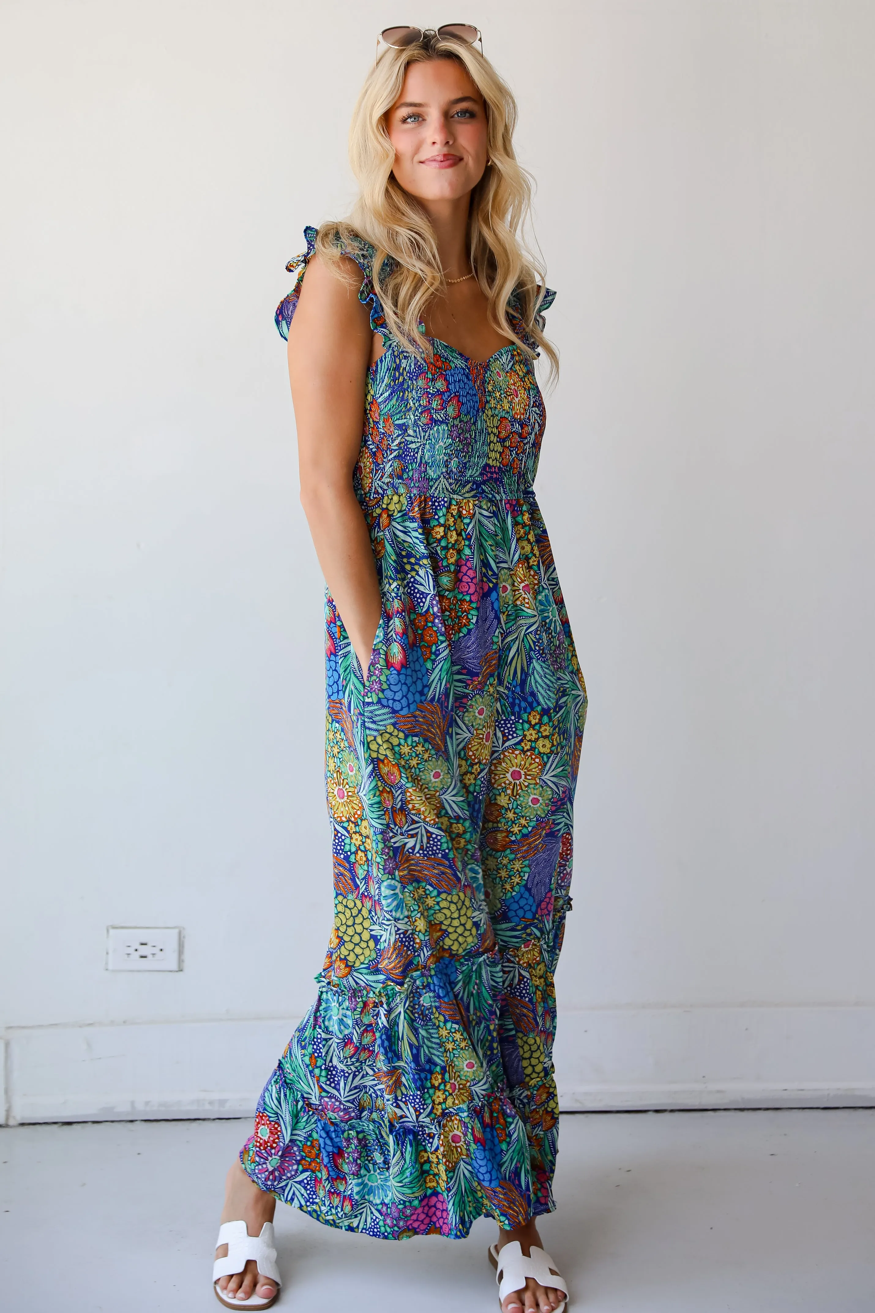 FINAL SALE - Momentous Elegance Blue Floral Jumpsuit