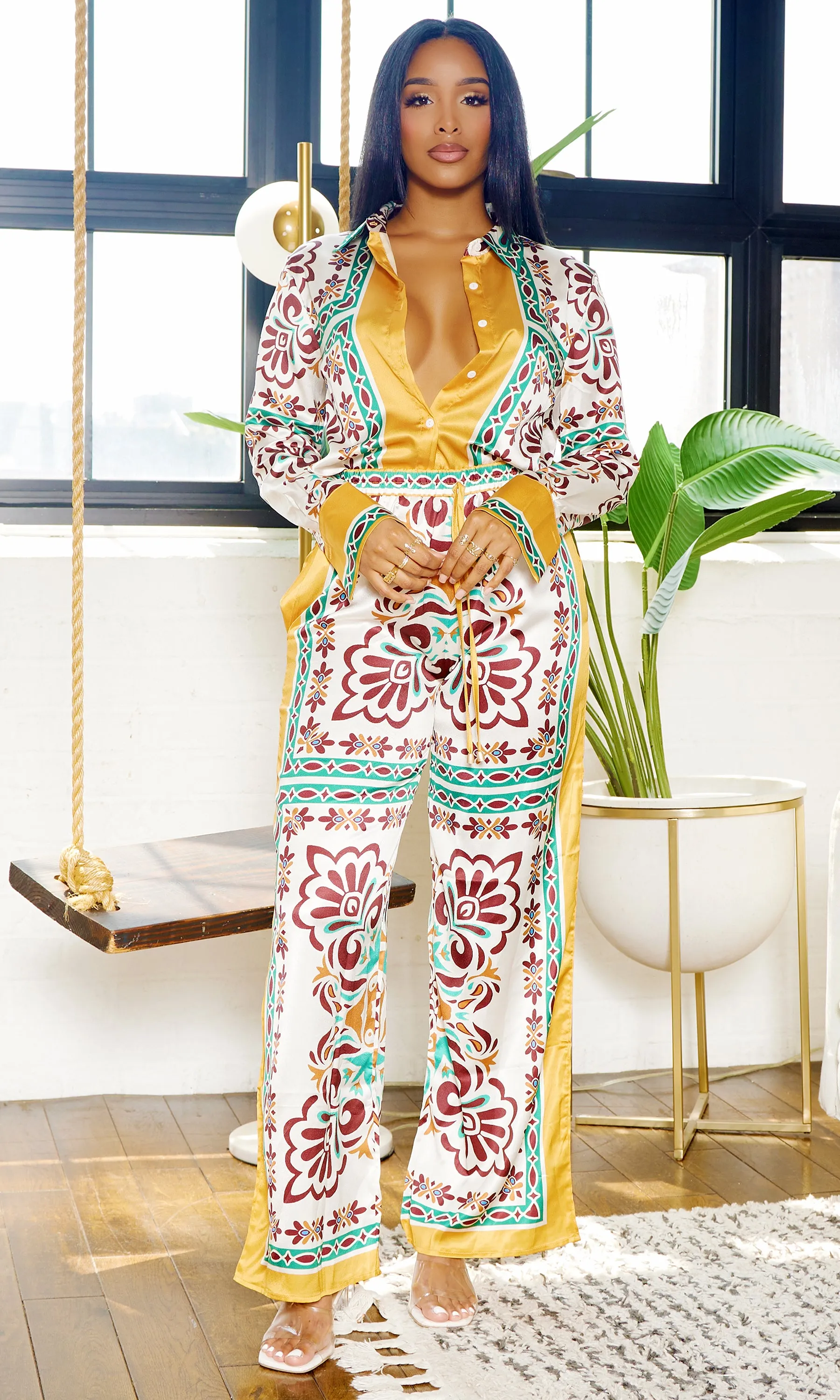 First Class | Print Satin Set - Mustard FINAL SALE