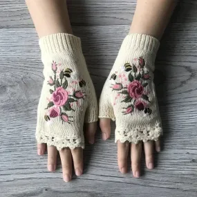 Floral Embroidery Fingerless Gloves