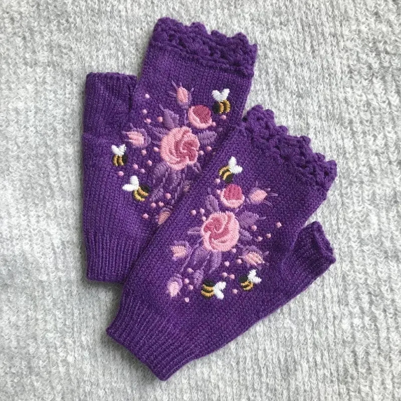 Floral Embroidery Fingerless Gloves