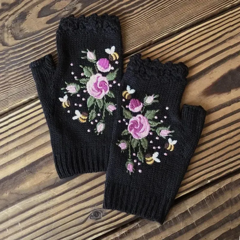 Floral Embroidery Fingerless Gloves