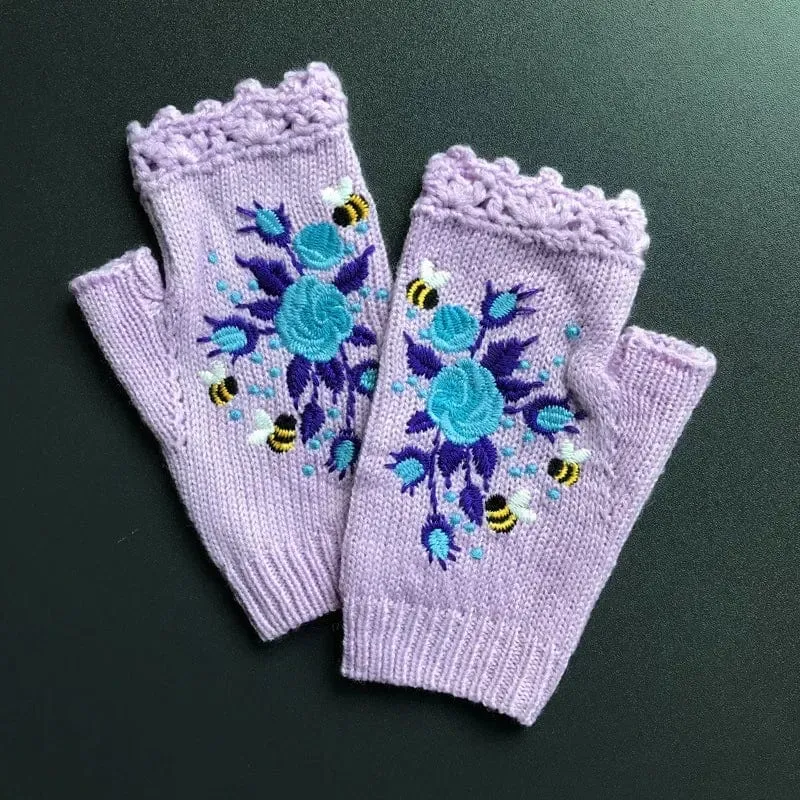 Floral Embroidery Fingerless Gloves