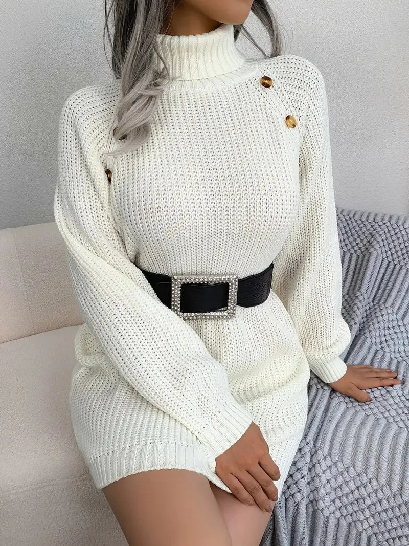Flytonn- Turtleneck Bodycon Button Slim Sweater Dress