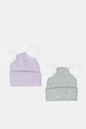 Girls Lilac And Grey Pom Pom Knitted Cap (Pack of 2)