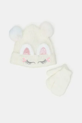 Girls White Cat Cap With Gloves Set (Pack Of 2)