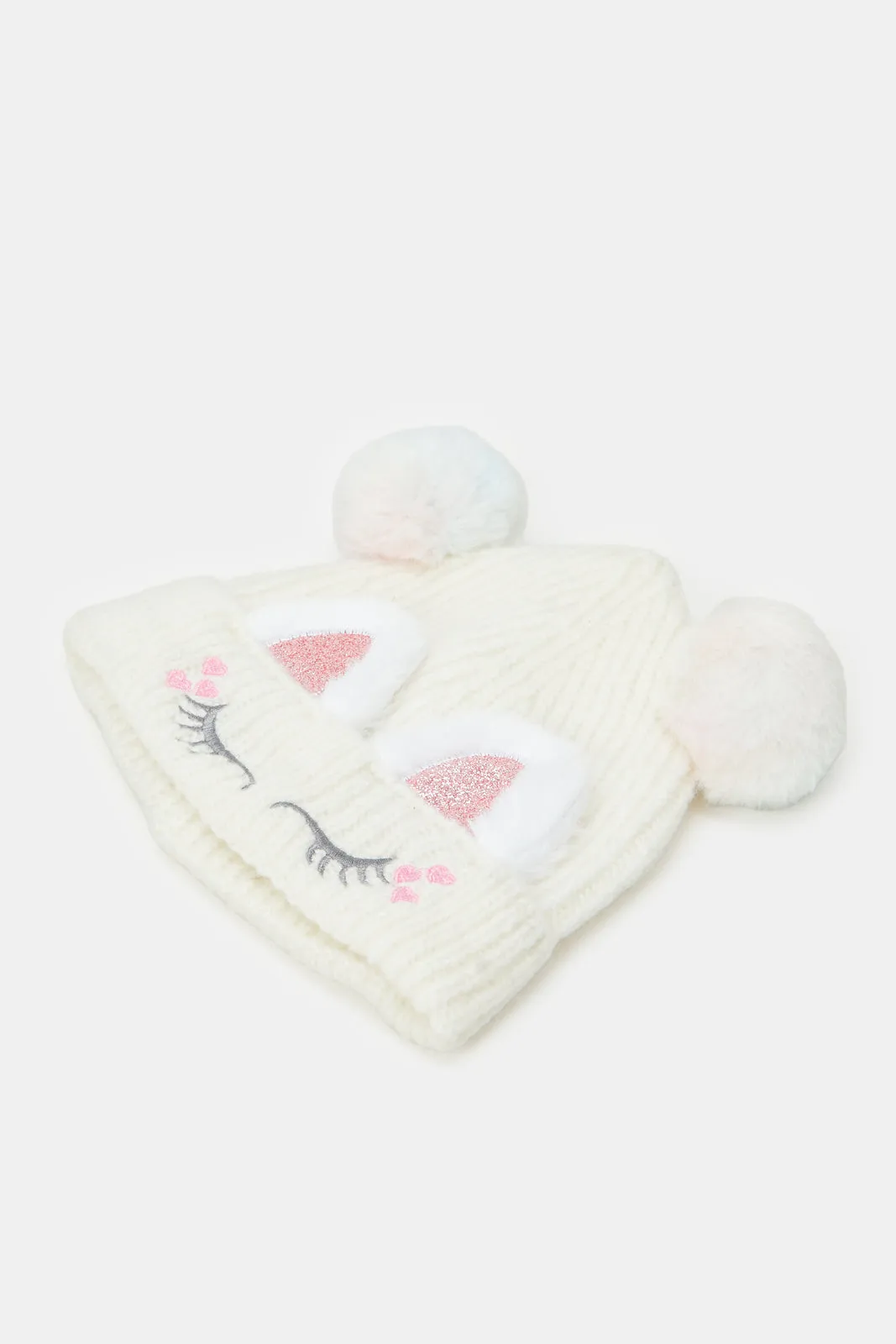 Girls White Cat Cap With Gloves Set (Pack Of 2)