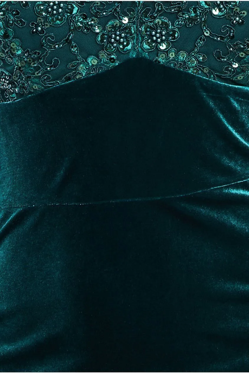 Goddiva Scalloped Lace & Velvet Maxi Dress - Emerald Green