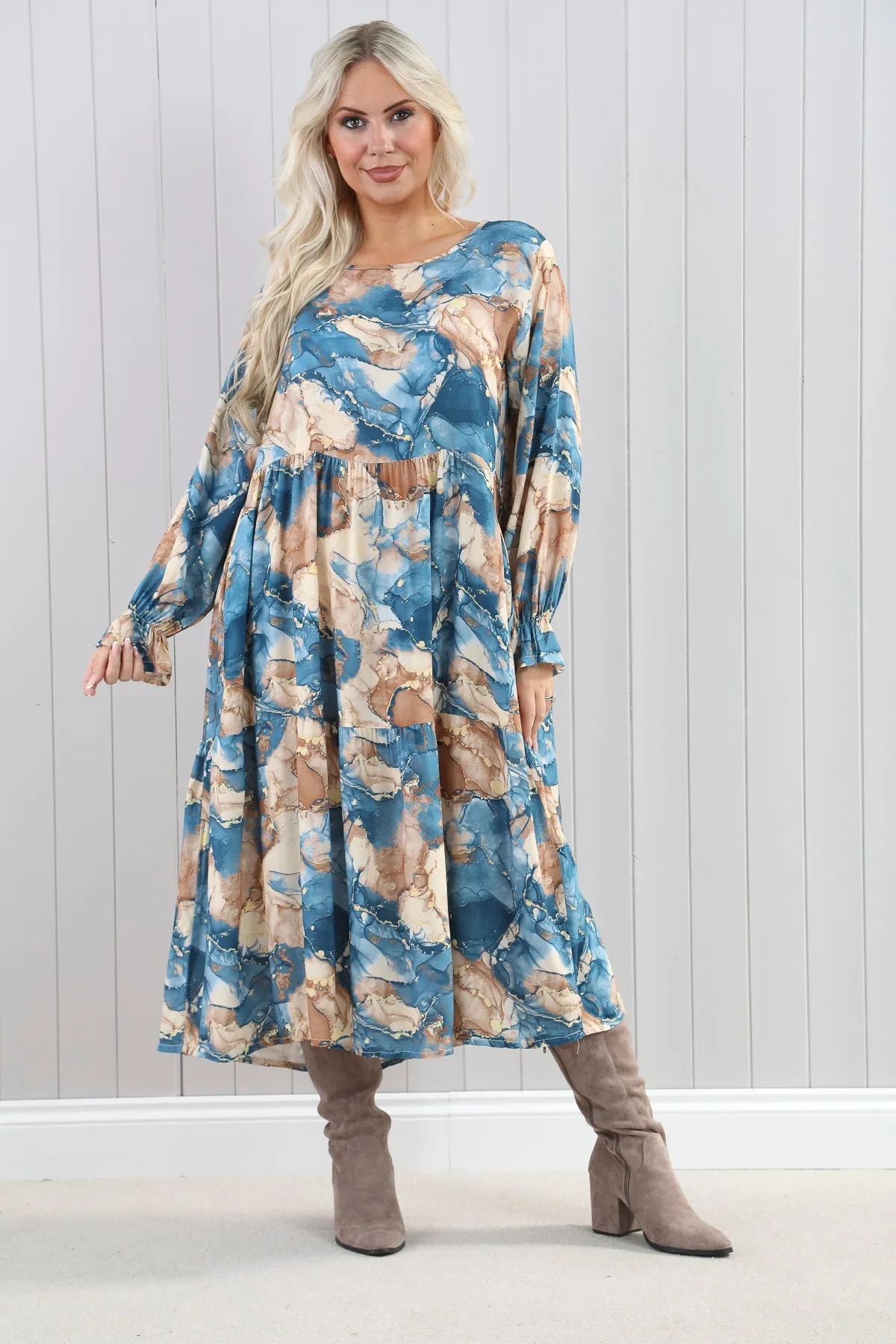 Goose Island 4607 Venice Marble Effect Print Tiered Long Sleeved Midaxi Dress (4 Colours)