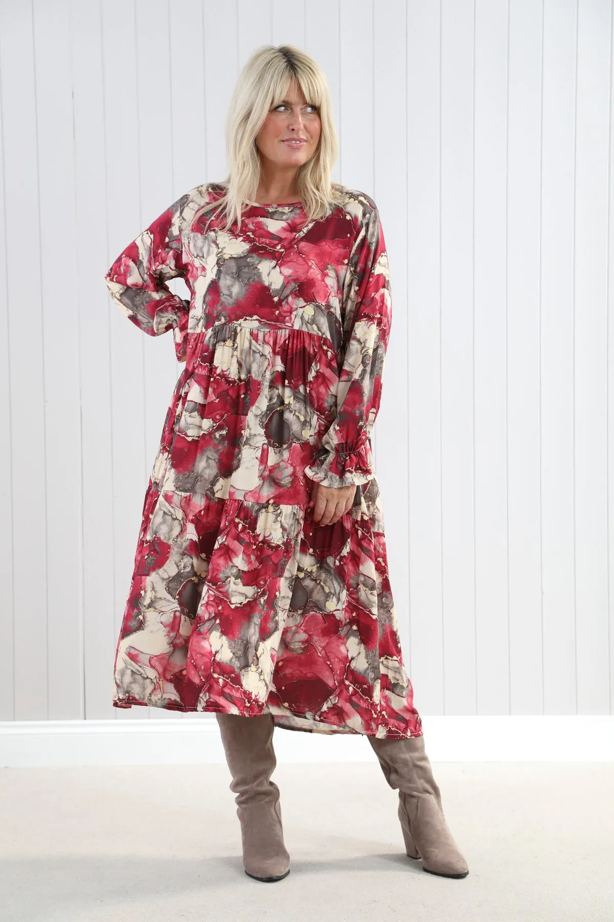 Goose Island 4607 Venice Marble Effect Print Tiered Long Sleeved Midaxi Dress (4 Colours)