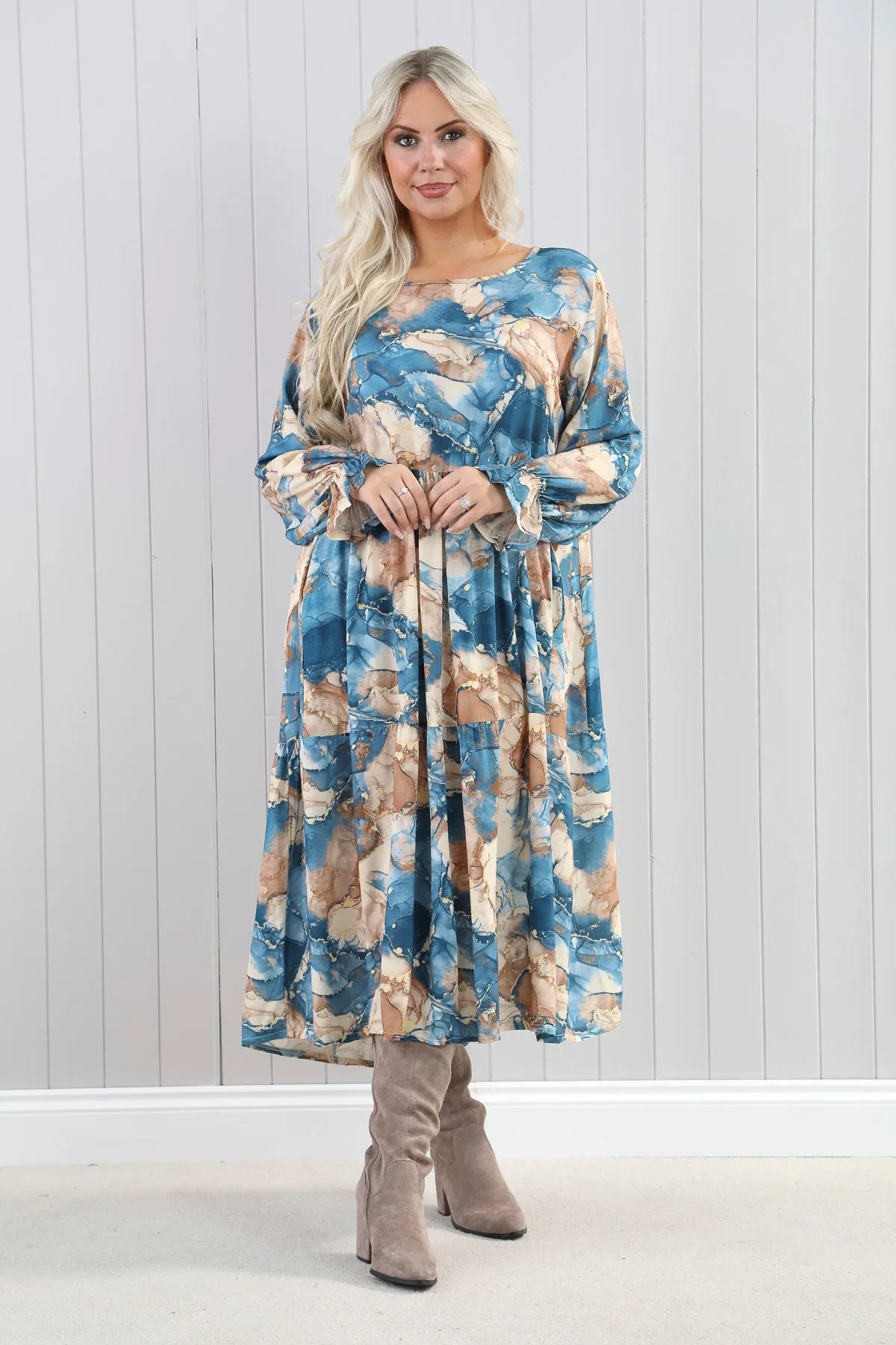 Goose Island 4607 Venice Marble Effect Print Tiered Long Sleeved Midaxi Dress (4 Colours)