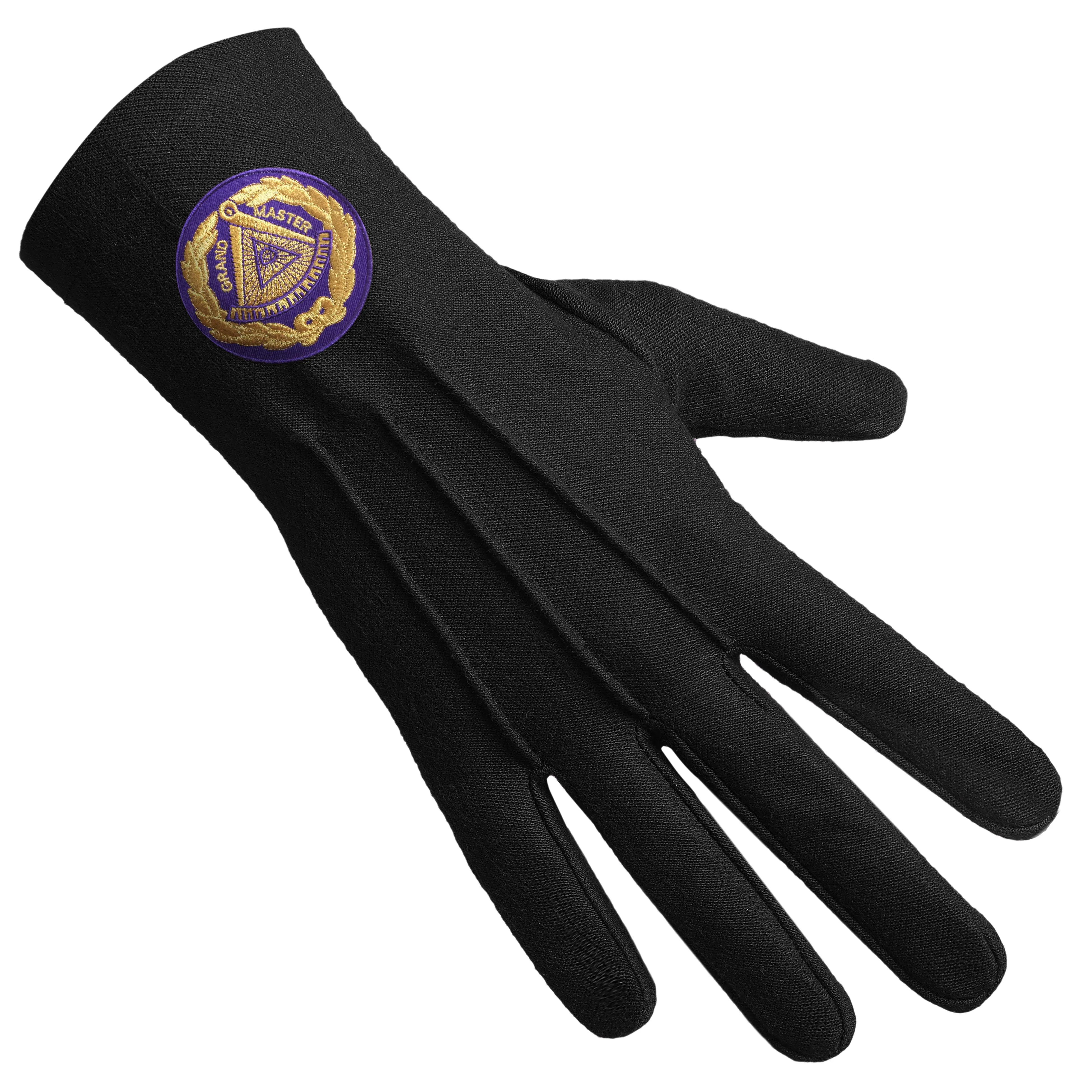 Grand Master Blue Lodge Gloves - Pure Black Cotton With Purple Patch