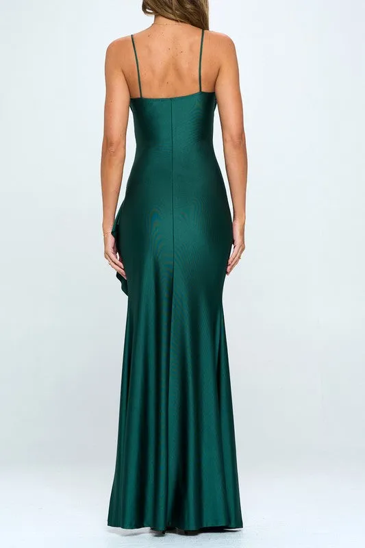 Green Pleated Ruffle Slit Maxi Dress