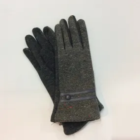 Grey tweed knit gloves with leather trim