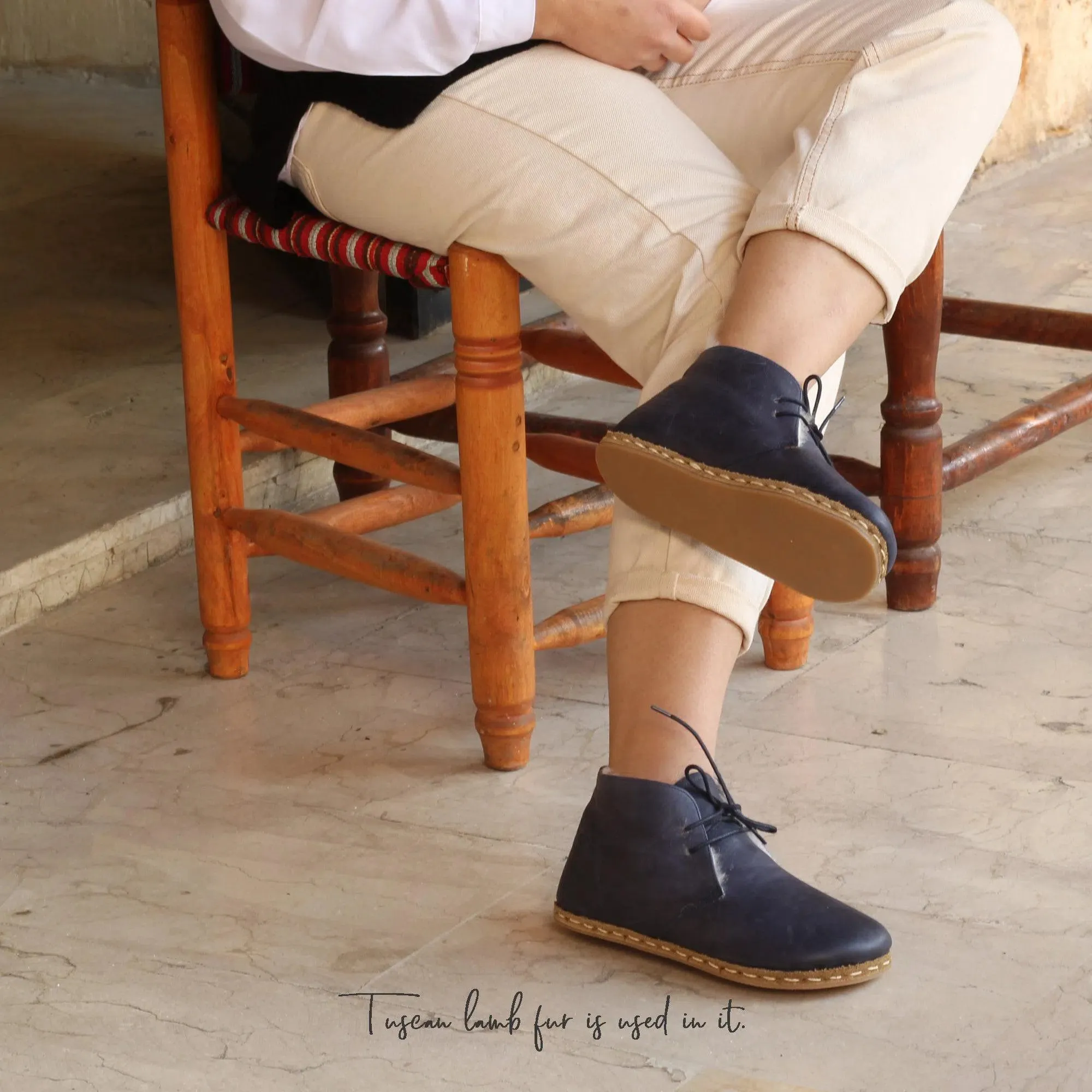 Handmade Navy Blue Barefoot Shearling Oxford Boots For Women