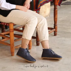 Handmade Navy Blue Barefoot Shearling Oxford Boots For Women