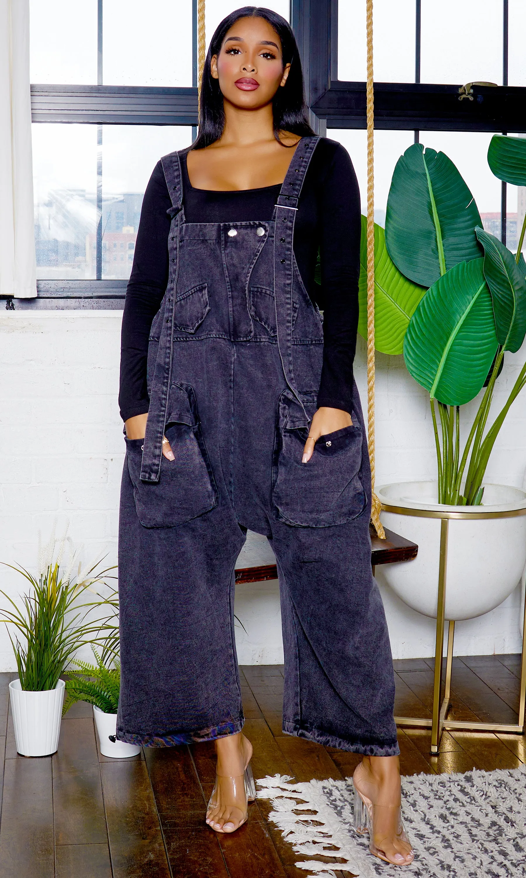 Harem Denim Overall Jumpsuit - Black