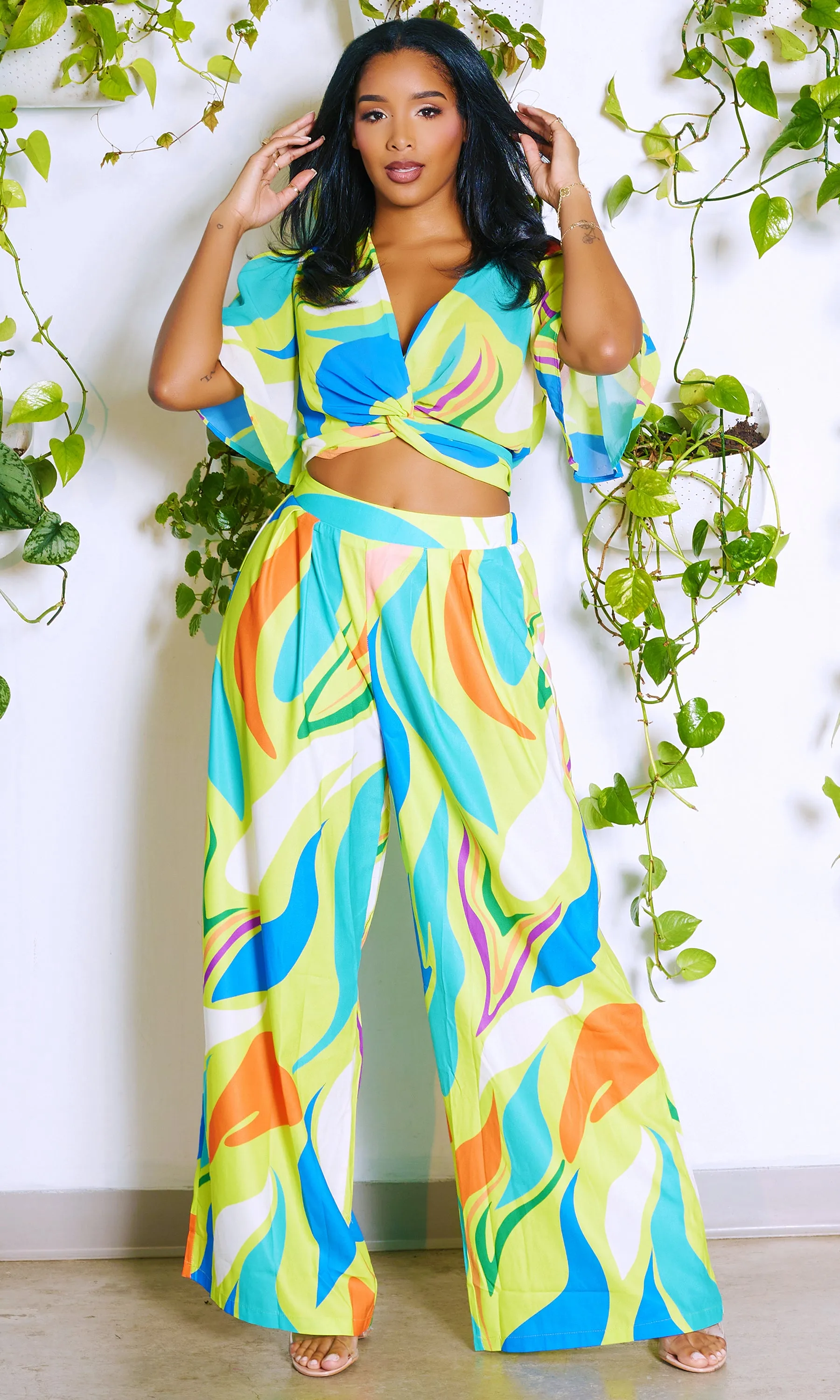 High Vibrations | Print Crop Top Set-Lime