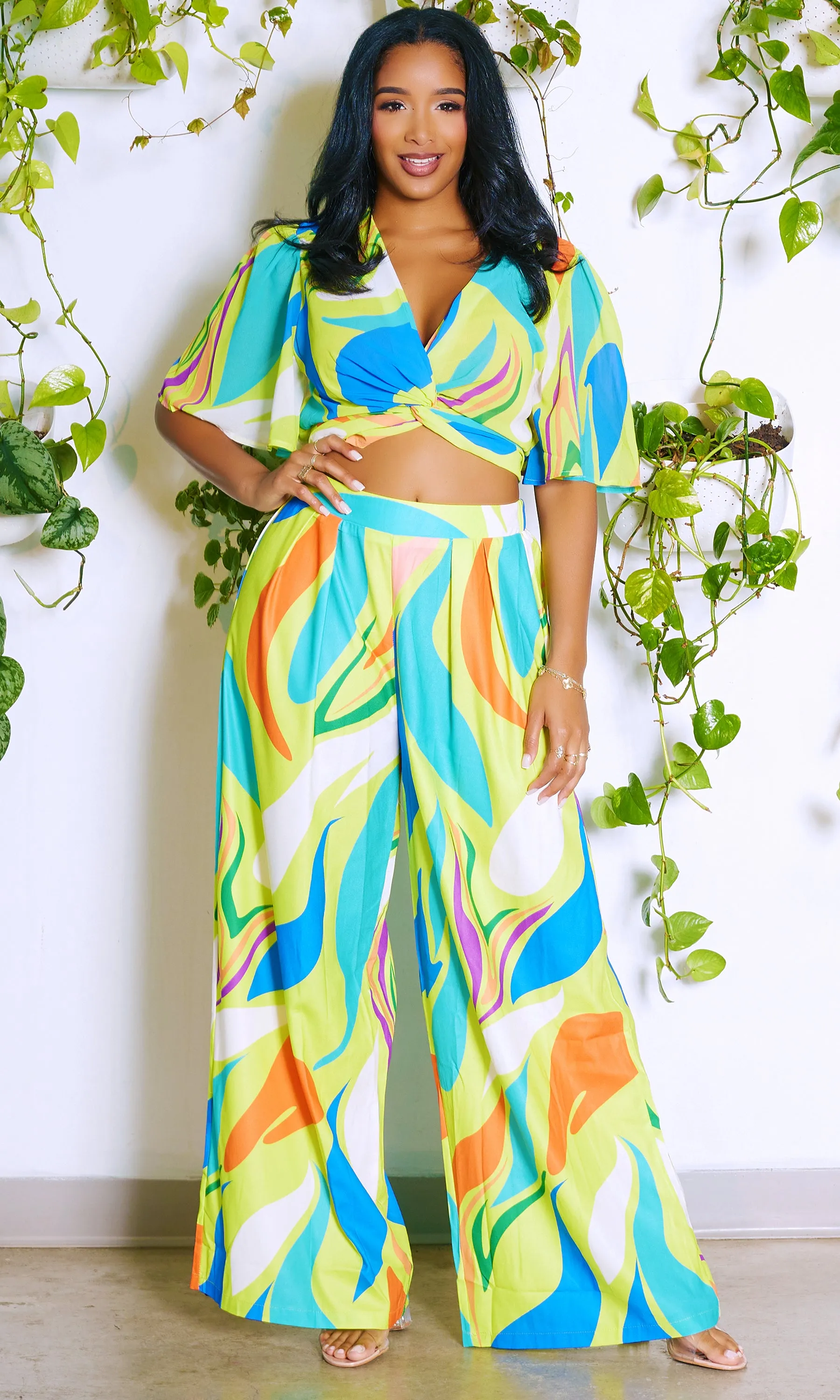 High Vibrations | Print Crop Top Set-Lime