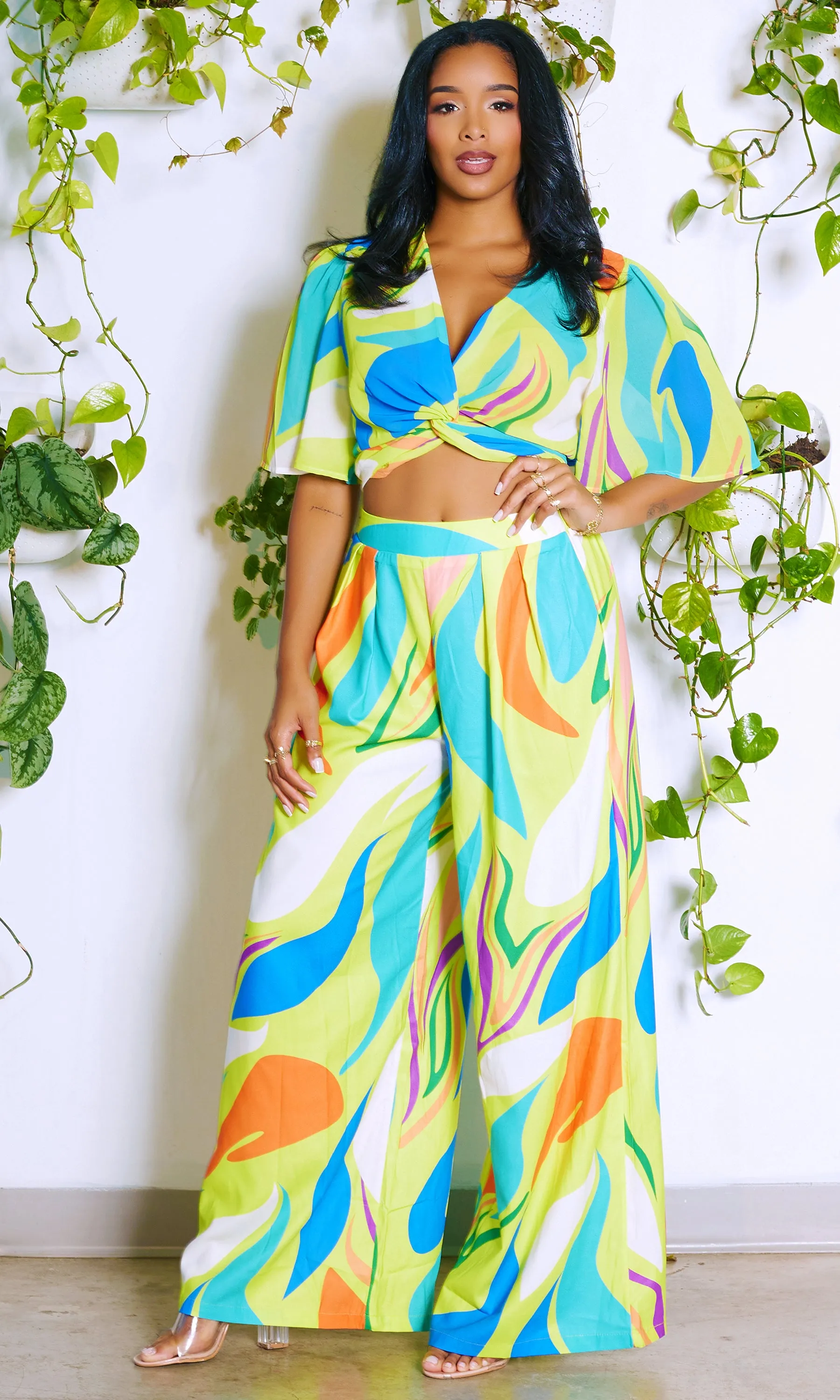 High Vibrations | Print Crop Top Set-Lime