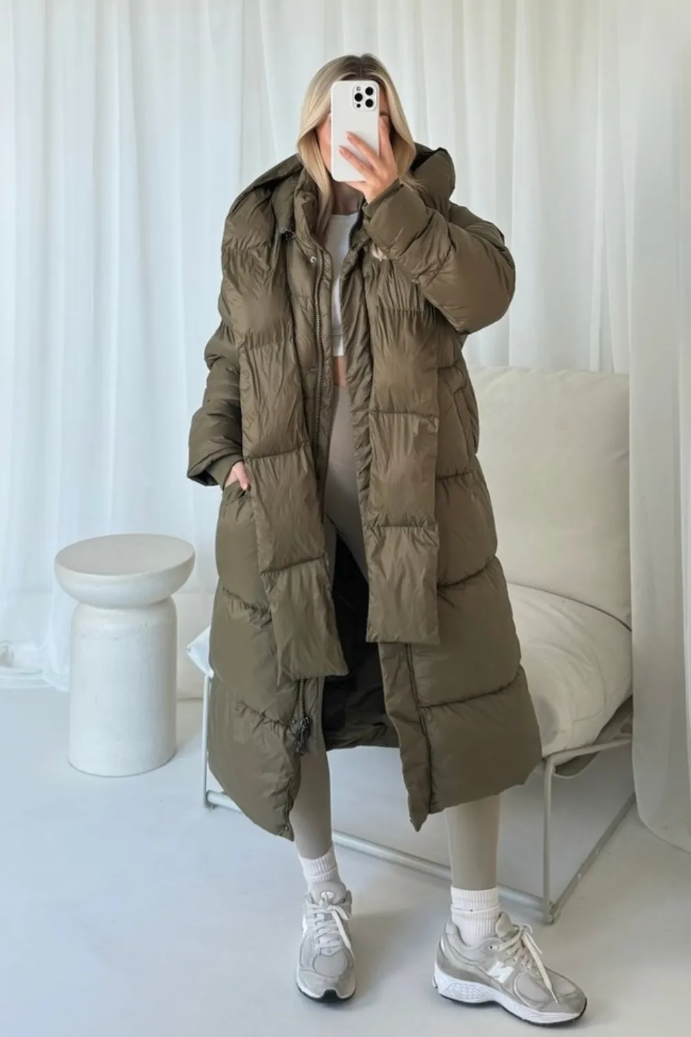 Jaya khaki long tie collar duvet coat