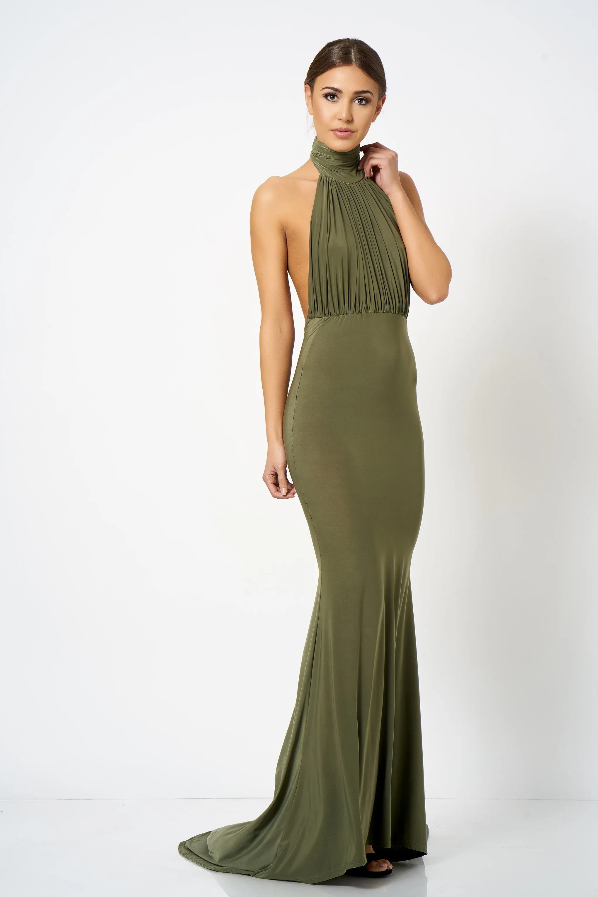 Khaki Backless Halter Neck Fishtail Maxi Dress