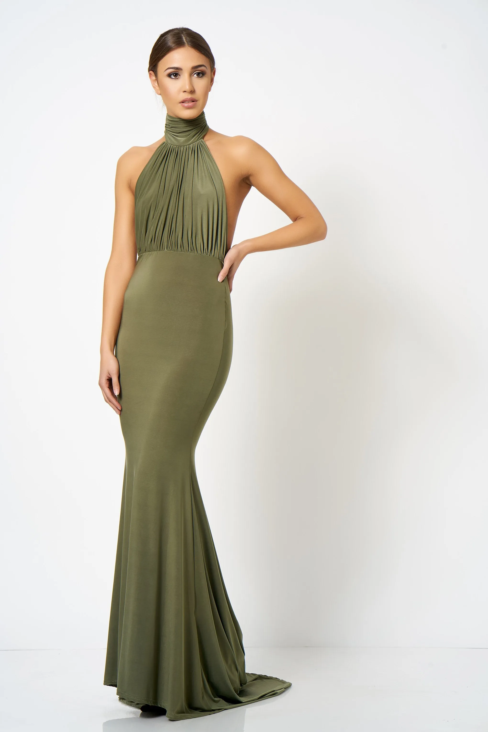 Khaki Backless Halter Neck Fishtail Maxi Dress