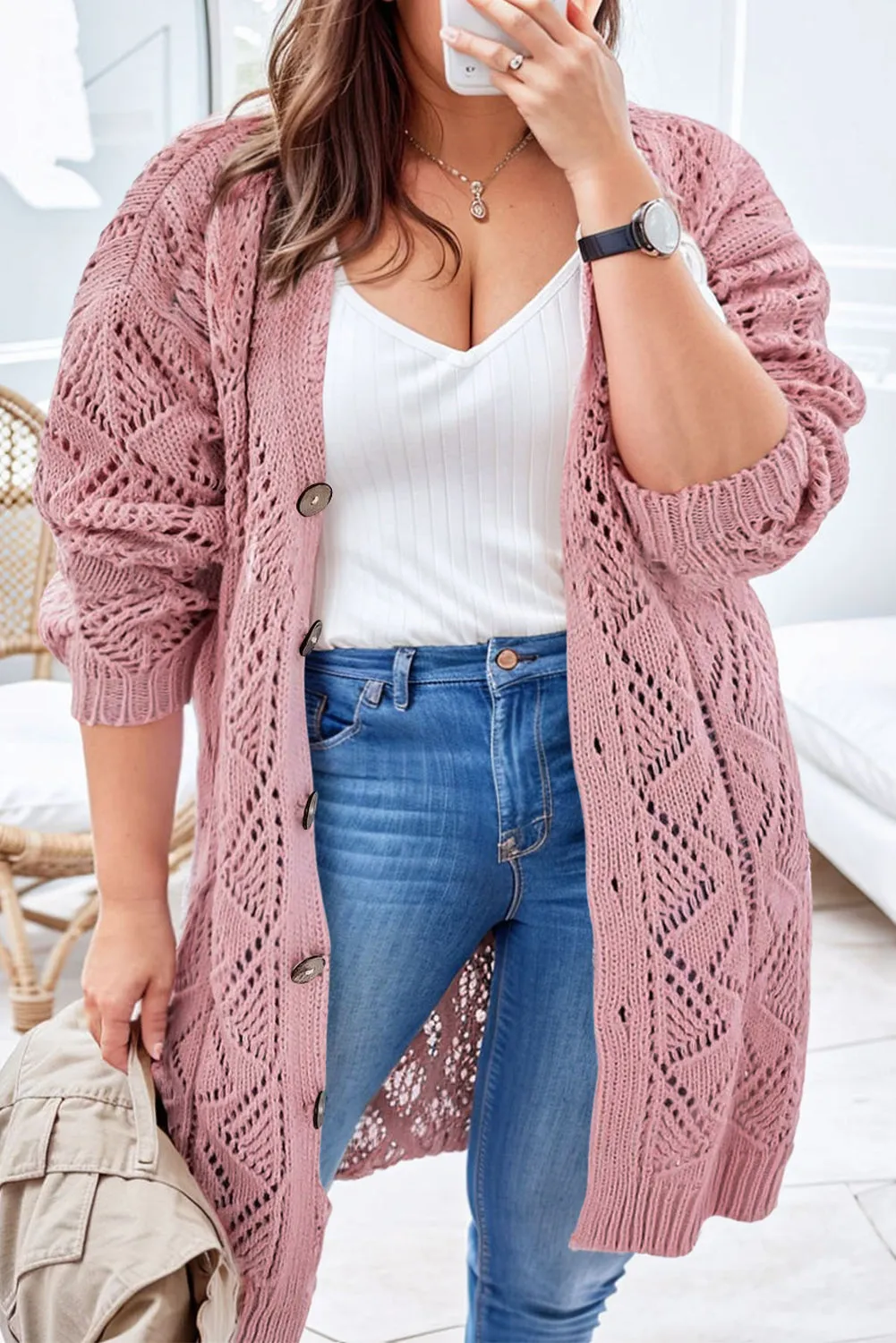 Khaki Hollow-out Openwork Knit Cardigan - 5 colors