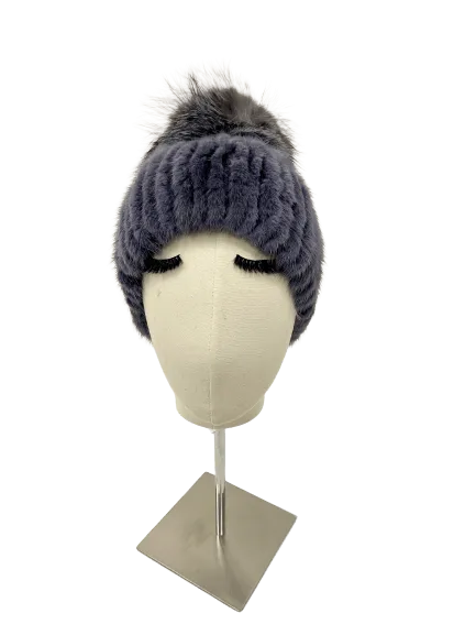 KNITTED MINK BEANIE BLUE