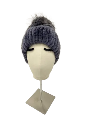 KNITTED MINK BEANIE BLUE