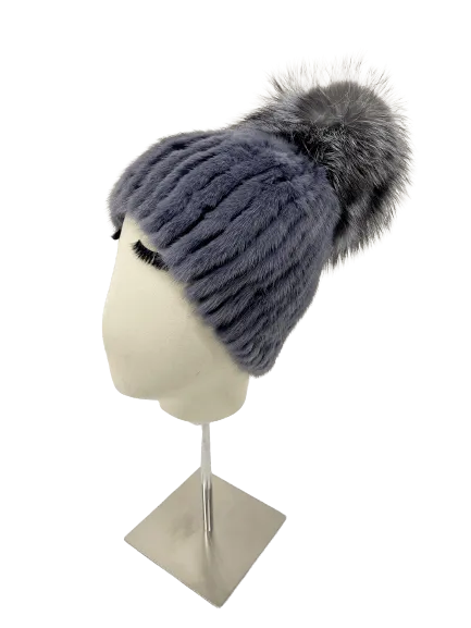 KNITTED MINK BEANIE BLUE