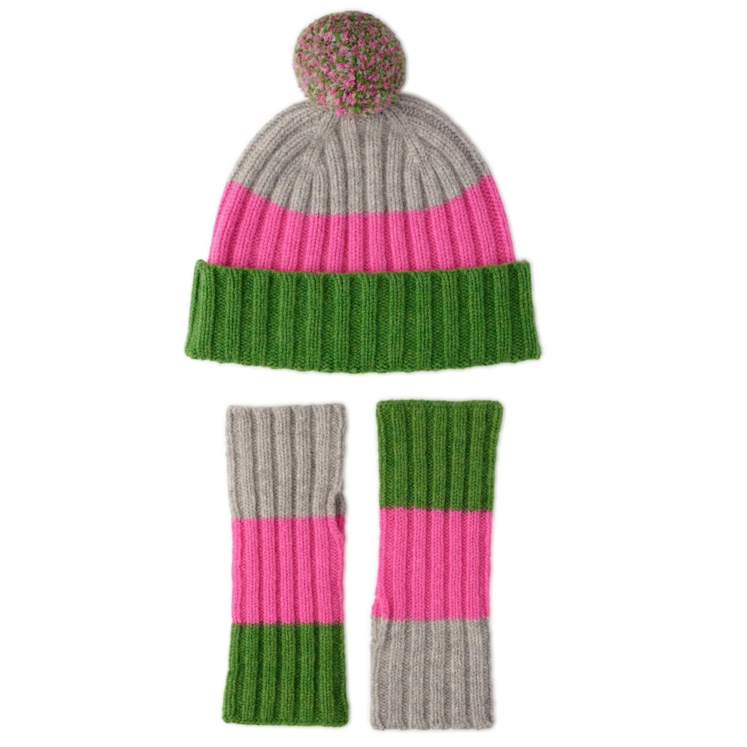 Ladies Chunky Knit Pom Pom Hat and Mitten Set | Gala | Lomond Lambswool - Green