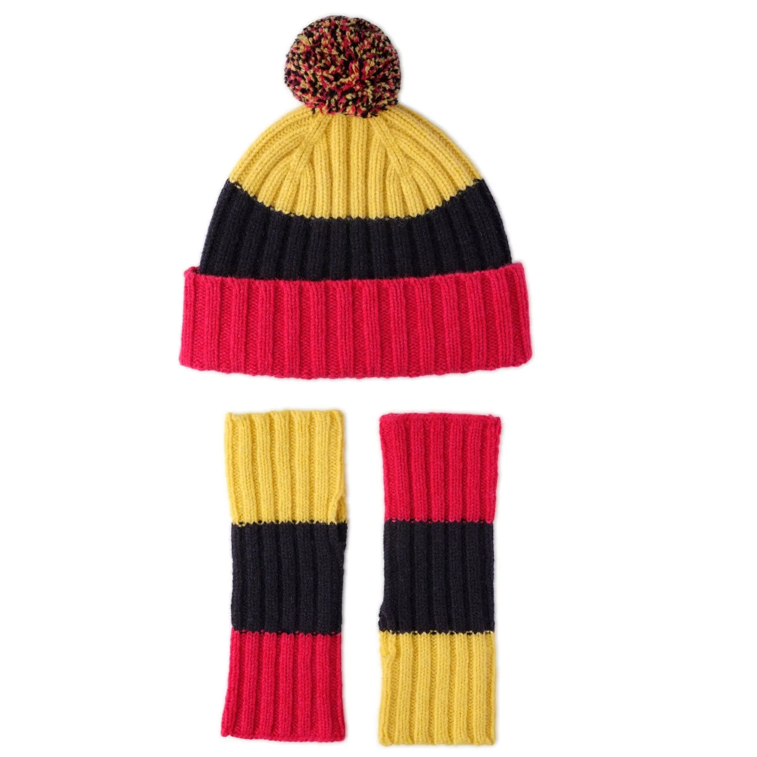 Ladies Chunky Knit Pom Pom Hat and Mitten Set | Gala | Lomond Lambswool - Red