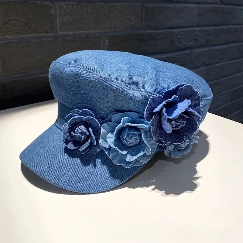 Ladies Denim Beret Hat with Blue Rose Embellishments - Perfect for Valentine's Day or Any Special Occasion - Adjustable Size - Breathable Material - Knit Construction - Decorative Accents - Non-Elastic - Suitable for Various Events